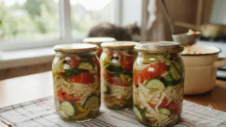 Кубанский салат на зиму закрываю банками: капуста, огурцы и помидоры хрустят как свежие — зимой первым уходит со стола