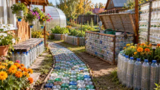 Скопила 1200 пластиковых бутылок: сделала дорожку, короб для хранения и другие крутые штуки для дачи — участок стал образцовым и уютным