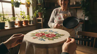 Натянула кусок шторы на старую сковороду. Соседка увидела такую красоту и принесла свою сковороду на переделку