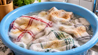 2 столовые ложки в таз — и липкий жир с полотенец растворяется сам: без кипячения и дорогого порошка